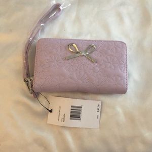 Betsey Johnson Lilac Faux Leather ZA Wallet Stitched Floral Accents & Metal Bow